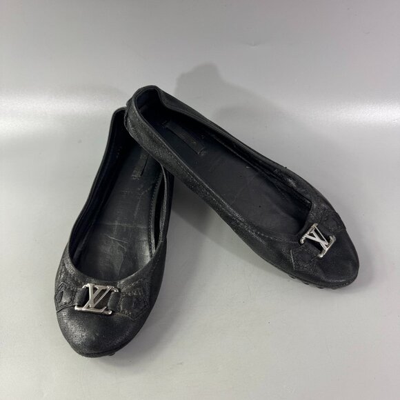Authentic Louis Vuitton Black Metallic Suede Oxford Ballet Flats, 38.5 - Picture 1 of 14
